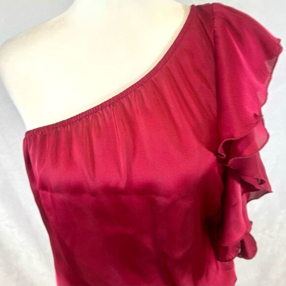 One shoulder satin ruffle fuchsia smocked blouse top size medium - Picture 3 of 4
